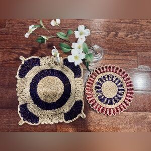 Lot of 2 Trivets Hot Pads Vintage Wicker Raffia Straw Woven Rattan Boho Flowers